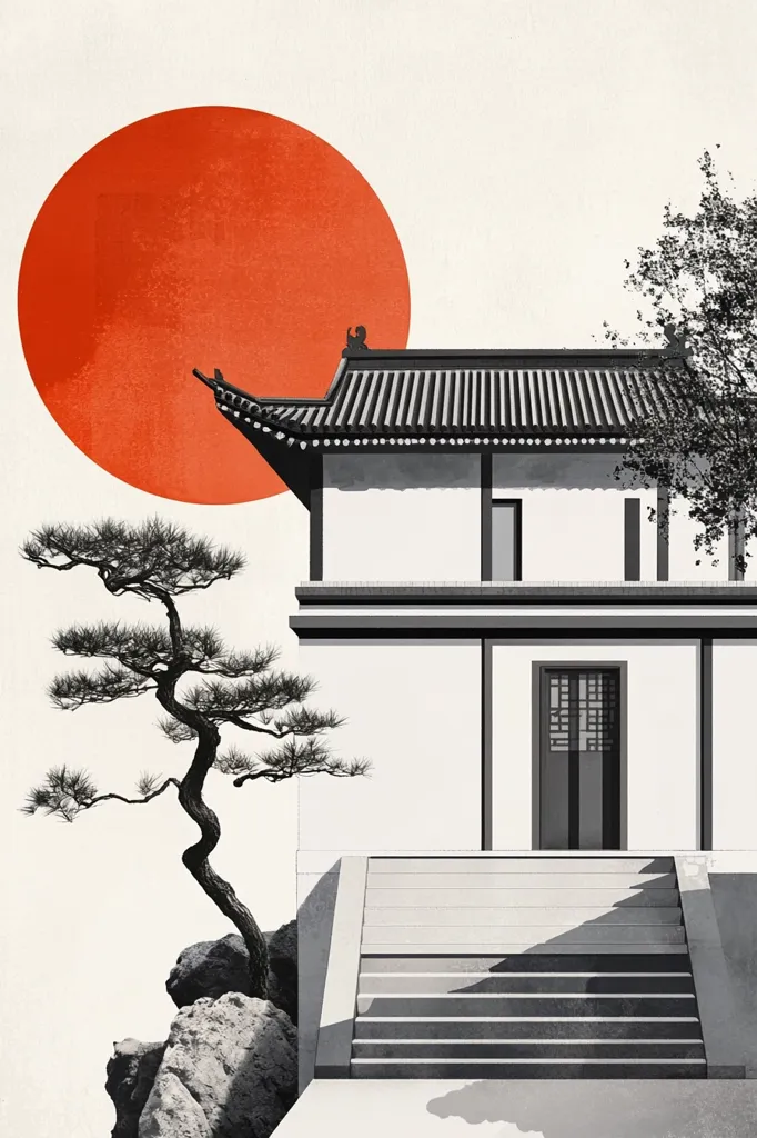 The image depicts a traditional Japanese or Chinese style building with a red sun in the background. A lone pine tree grows in the foreground, with its branches reaching towards the sky. The building has a white facade and a black tiled roof, and there are steps leading up to the entrance. The image is simple and minimalist, with a strong focus on the architectural elements.
