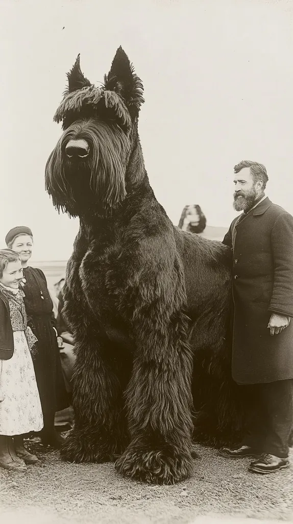 A large black dog stands in front of a group of people. It is a Giant Schnauzer, a breed known for its size and shaggy coat. The dog is standing on its hind legs, with its front paws resting on the ground. A man in a suit stands behind the dog, while two women and a young girl stand in the foreground. The photo is in black and white and has a vintage feel.  The dog is clearly the subject of the picture, as it is the largest object in the image and is in focus. The people are blurred and appear to be background elements.  The overall tone of the image is one of admiration and amusement.