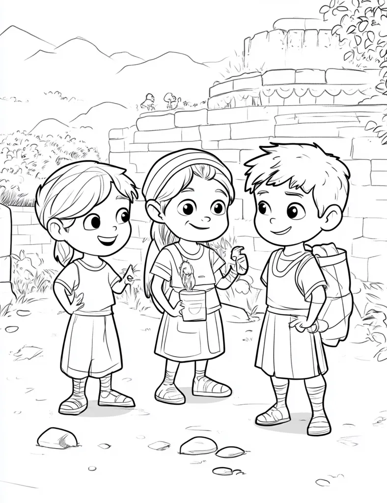 The image is a black and white illustration of three children standing in front of a stone structure. The children are smiling and appear to be talking to each other. The girl on the left is holding a small plant in a pot. The child on the right is wearing a backpack. The background features mountains and a stone structure. It is a simple and wholesome illustration that could be used in a children's book or educational material.