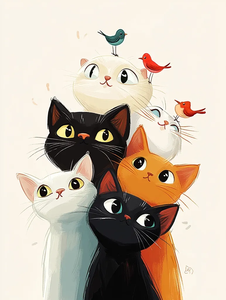 Five cartoon cats are stacked on top of each other in a playful way, with a blue bird perched on top of the highest cat. Three red birds are flying around the cats. All the cats have big eyes and are looking up with curious expressions. The illustration has a lighthearted and whimsical feel, capturing the playful spirit of cats and birds.