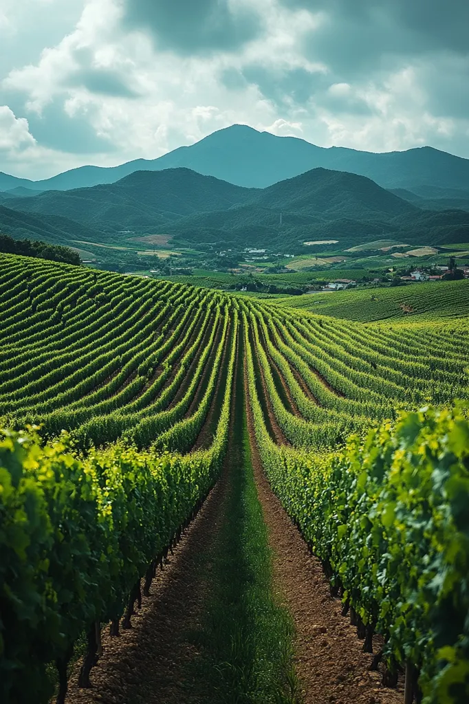 A picturesque vineyard stretches across a rolling landscape, with rows of verdant grapevines leading the eye towards a distant mountain range. The scene is bathed in soft, diffused light, creating a tranquil and idyllic atmosphere. The lush greenery of the vines contrasts beautifully with the rich brown earth, creating a sense of natural abundance. The image captures the serenity and beauty of a rural setting, evoking feelings of peace and tranquility.