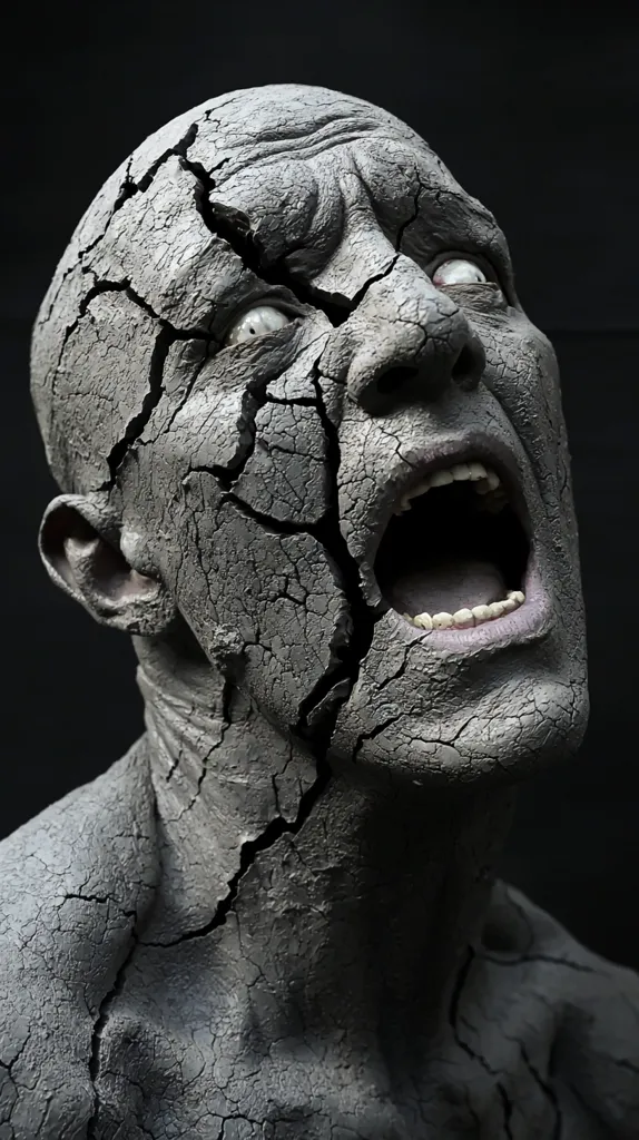 The image depicts a close-up of a person's face and upper torso. The skin is cracked and dry, resembling the surface of a dried-up lake bed. The person's mouth is wide open, screaming in agony or terror. The overall tone is one of distress and suffering. The image is likely intended to evoke feelings of fear and unease.