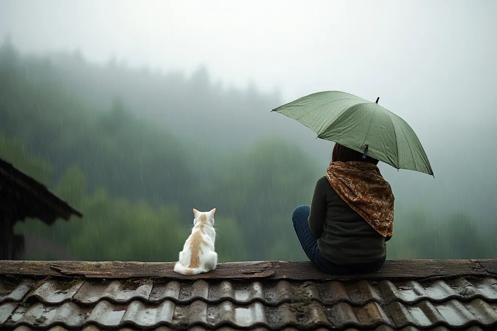 A woman sits on a roof with a green umbrella, looking out over a misty, rain-soaked forest. A white and orange cat sits beside her, also gazing into the distance. The image evokes a sense of solitude and tranquility in the face of nature's elements.