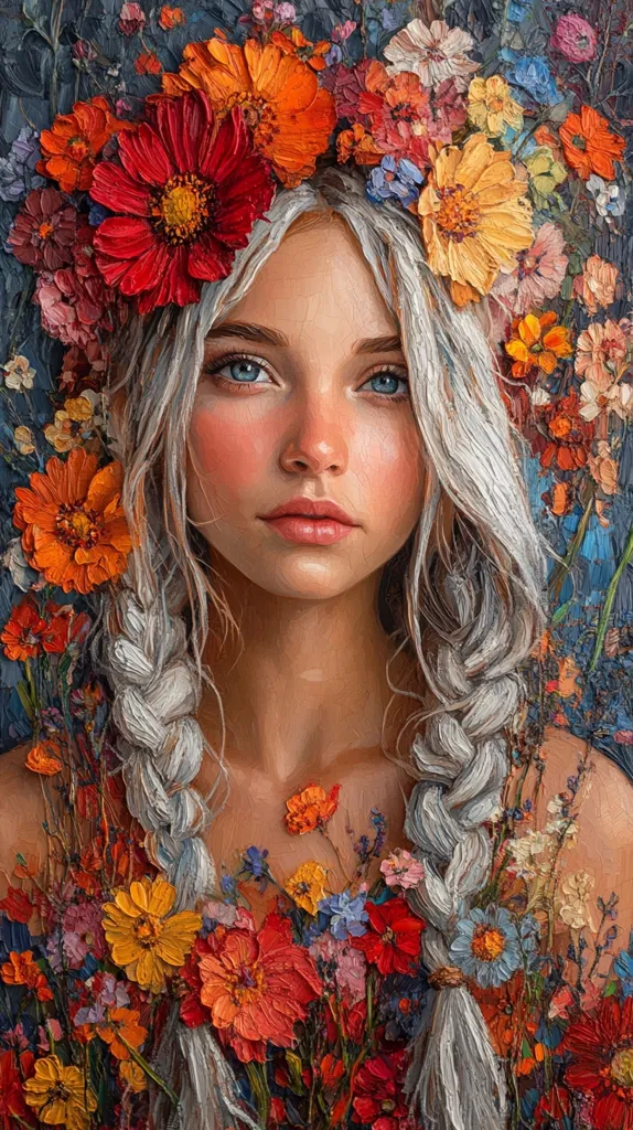 a oil painting by Van Gogh of a beautiful 35 year old Caucasian woman with silver blonde braided hair, flower fairy, 18th century oil painting in the style of Vincent van Gogh, facing the camera --ar 9:16 --stylize 450 --v 6.1 --c 25