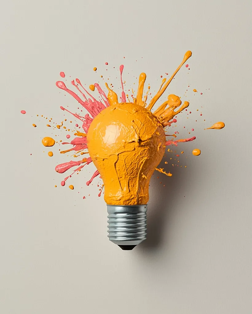 A light bulb is covered in yellow paint, with splashes of pink and orange paint exploding outward. The bulb has a silver metal base, and the paint is glossy. The background is a light beige. The image is a creative and abstract representation of an idea. It suggests a burst of creativity and inspiration.  The image is simple yet impactful. It is a great way to represent the power of ideas and the potential for creativity.