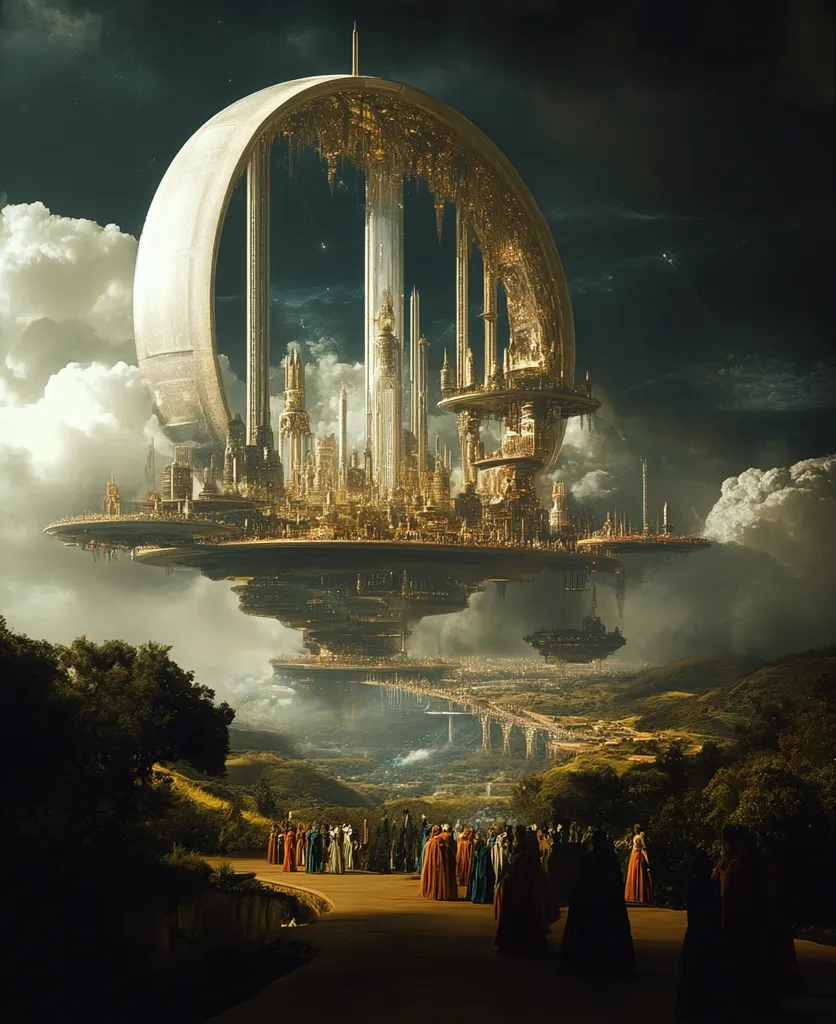 A majestic, golden city floats above a sprawling landscape. It is encased within a massive, crescent-shaped structure, adorned with intricate details. A path leads to the city, where a procession of cloaked figures walks towards it. Clouds swirl around the city, creating a dreamlike atmosphere. The scene evokes a sense of wonder and awe, hinting at a utopian or otherworldly realm.