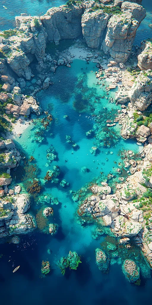 An aerial view of a secluded cove, surrounded by towering, rocky cliffs. Crystal-clear turquoise water laps at the shore, revealing a vibrant underwater world with coral reefs and marine life. A small boat glides across the surface, adding a touch of human presence to this idyllic scene. The rugged beauty of the landscape contrasts with the serenity of the water, creating a sense of tranquility and wonder.