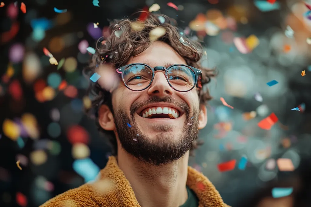 A young man with curly brown hair and a beard is wearing glasses and smiling widely.  He is looking up as colorful confetti falls around him. The background is out of focus, with a blurry image of green leaves and more confetti. The man's expression is one of pure joy and happiness.  The photo captures the feeling of celebration and joy.