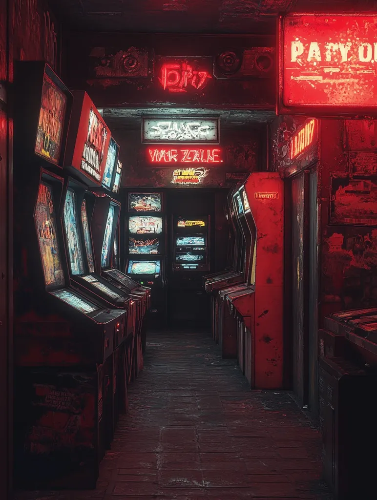 A dimly lit arcade alley, illuminated by flickering neon signs. Rows of vintage arcade cabinets line the walls, their screens glowing with pixelated graphics. The air is thick with the hum of machinery and the sounds of digitized explosions and laser fire. A faint scent of stale popcorn and cheap cologne hangs in the air. The alley's brick walls are covered in graffiti and faded posters, remnants of a bygone era. The scene evokes a sense of nostalgia and the thrill of classic arcade gaming.