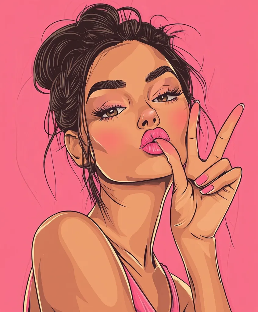 The image depicts a young woman with long, dark hair styled in a messy bun. She has a tan complexion and is wearing pink lipstick. Her eyes are large and expressive with long, dark eyelashes. She is giving a peace sign with her right hand while her left finger is resting on her lips. She has a mischievous expression on her face and is looking directly at the viewer. The background is a solid, bright pink.