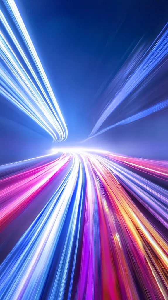 The image is a vibrant abstract of light trails created by long exposure photography. The colors are predominantly blue, purple, and pink, radiating outward from a central point. The lines of light suggest motion and speed, creating a sense of energy and dynamism. The abstract composition evokes a feeling of movement and the blur of time.