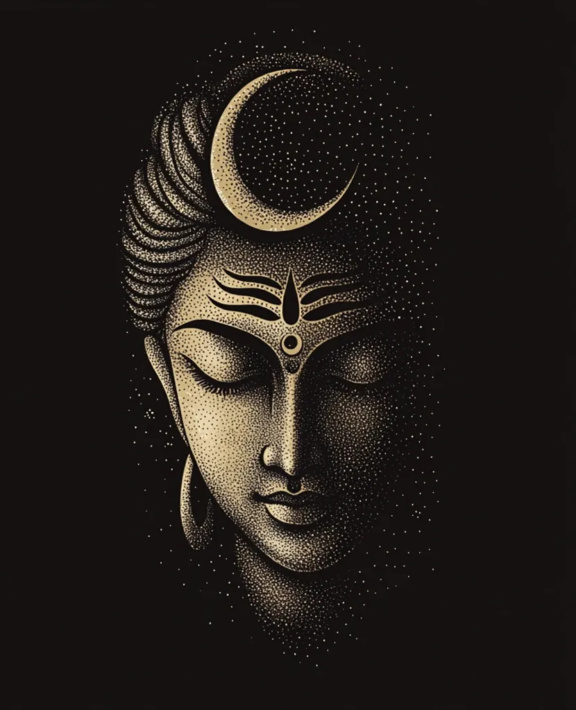 The image is a stylized depiction of the Hindu god Shiva. He is portrayed with a crescent moon adorning his forehead, a third eye, and a serene expression. The image is rendered in a stippled style, creating a textured and detailed look. The background is black, highlighting the gold tones of the figure. The overall effect is one of peace and spirituality.