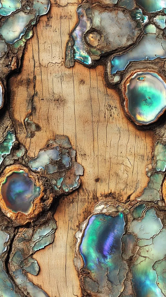 A close-up of a wooden surface with iridescent, blue, green, and purple abalone shell embedded in it. The wood is a light, brown color with vertical grain lines. The abalone shell is broken into many pieces, but some large chunks remain.  The iridescent surface of the shell gives off a sense of depth and movement.  The contrast between the smooth, reflective shell and the rough wood creates an interesting texture.