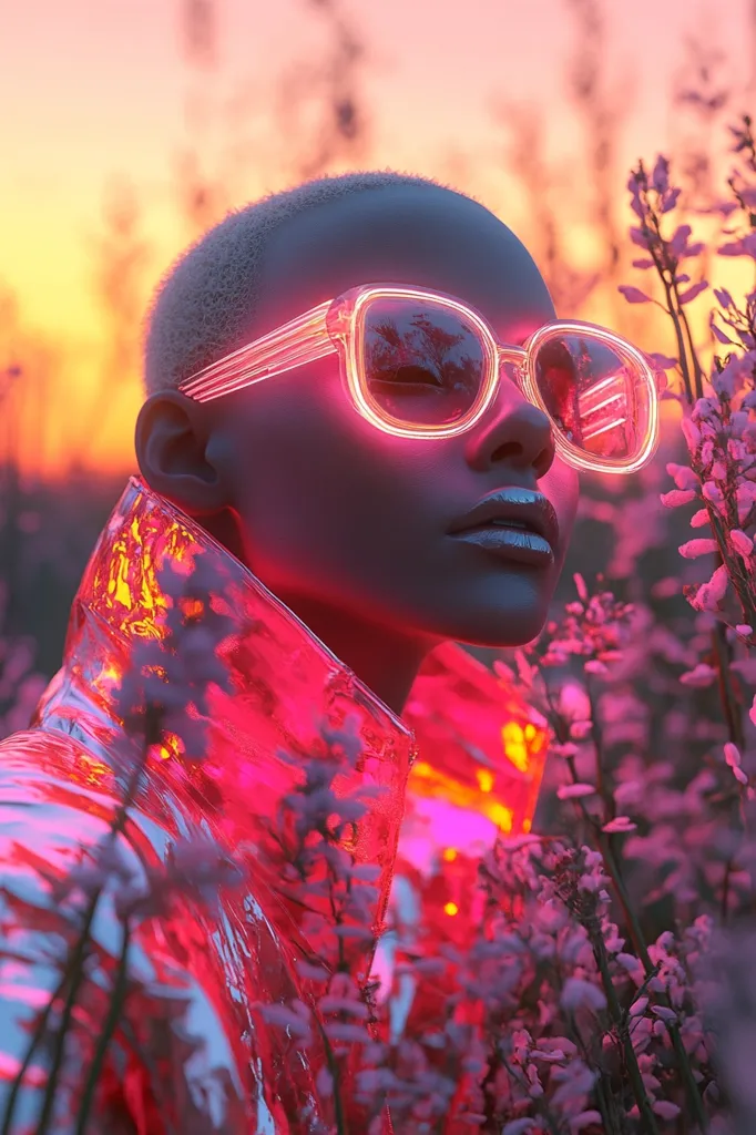 A person with short, blonde hair is wearing neon pink sunglasses and a shimmering, red jacket. The person's face is illuminated by the neon glow of their sunglasses, and they are surrounded by a field of pink wildflowers. The background is a hazy orange sunset.  The image is a vibrant and futuristic scene, blending a human figure with a fantastical setting.