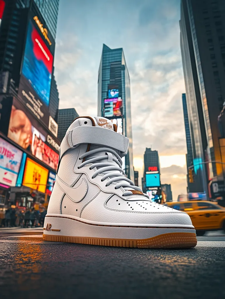 A white Nike Air Force 1 high-top sneaker sits on a city street, its clean lines and classic design contrasting with the urban backdrop. Tall buildings and bright billboards line the street, creating a dynamic and energetic atmosphere. The sneaker's subtle brown accents, including the gum sole, add a touch of warmth to the image. The overall feel is one of modern urban style, capturing the essence of city life and fashion.