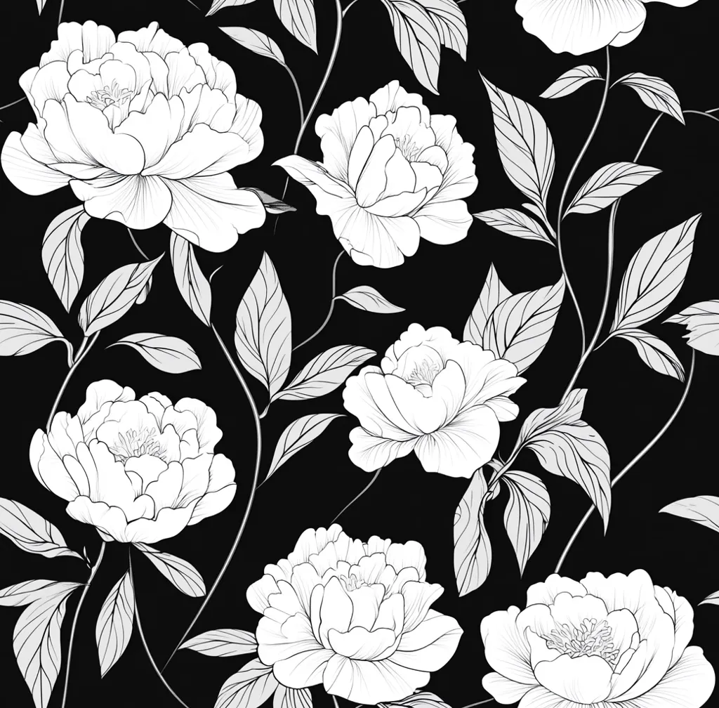 A black and white floral pattern featuring large, intricately drawn peonies with delicate stems and leaves. The flowers are arranged in a repeating pattern, creating a sense of elegant and timeless beauty. The monochromatic color scheme adds to the classic and refined aesthetic.  The image evokes a sense of tranquility and sophistication.