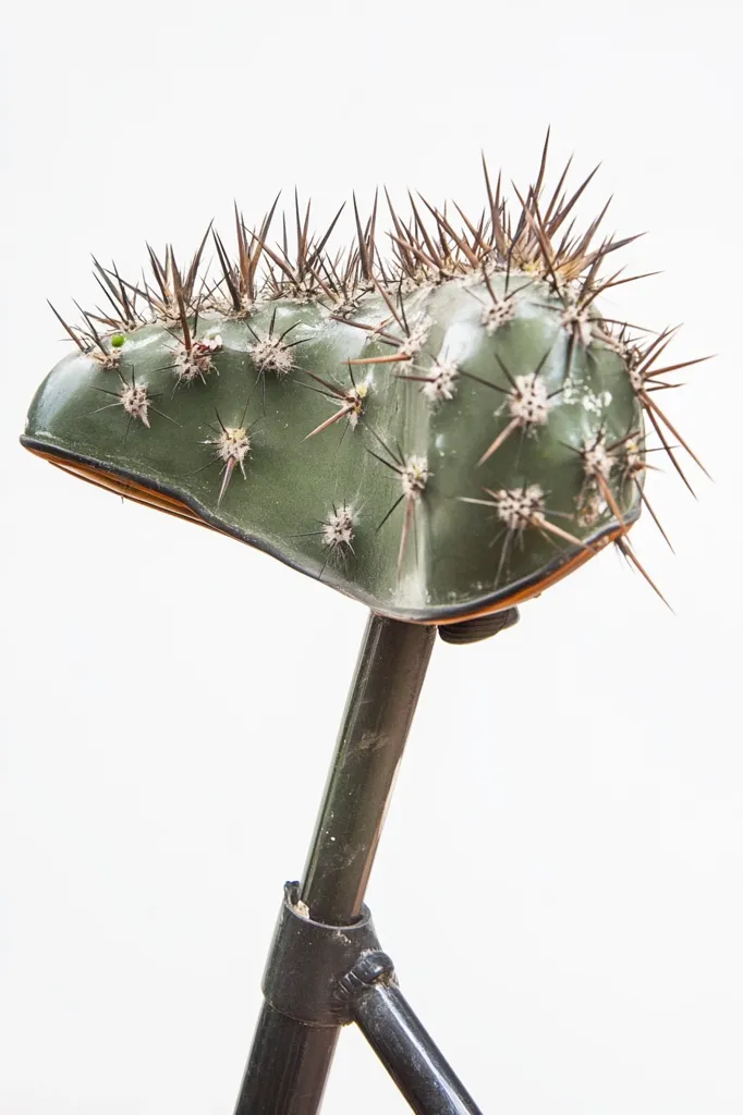 A bicycle seat is covered in a prickly cactus. The green cactus has numerous sharp spines radiating outwards, giving the seat a rustic and unusual appearance. The seat is attached to a black metal frame, which extends downward out of the frame. The background is a stark white, highlighting the cactus and the seat's unique texture.
