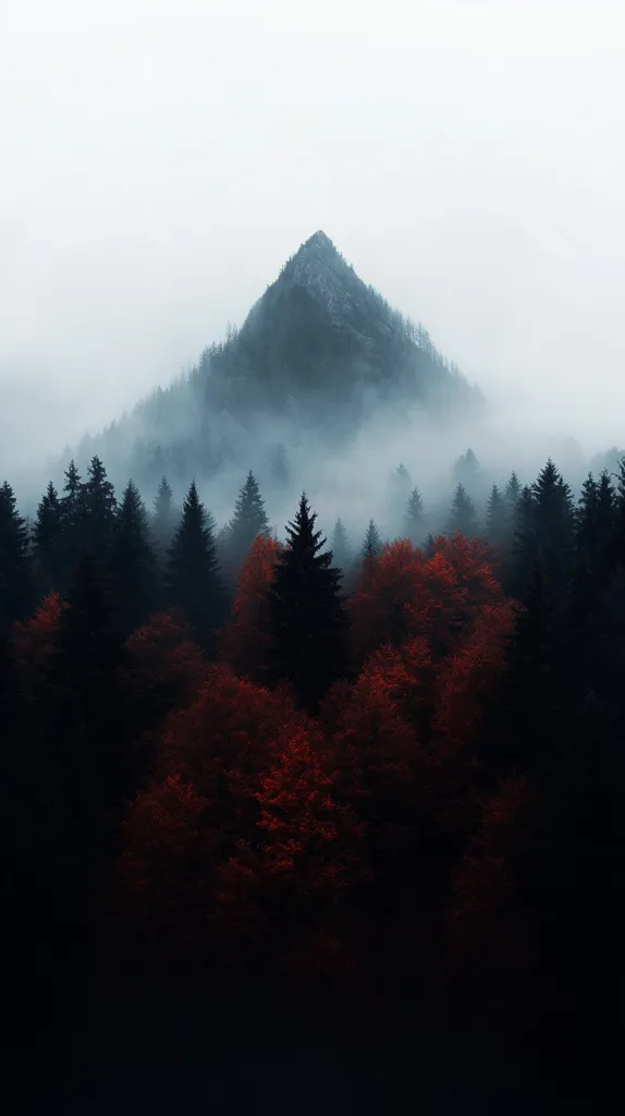 A misty mountain peak rises above a dense forest. The trees in the foreground are shrouded in fog, creating a sense of mystery and intrigue. The red hues of the leaves create a striking contrast against the dark greens and grays of the surrounding landscape. The image is evocative of a serene and secluded place, inviting viewers to imagine the stories that lie hidden within the woods.