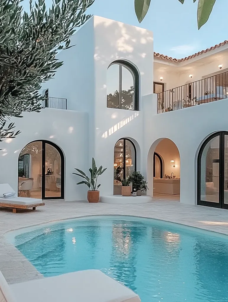 A pristine white, modern home with arched doorways and a sparkling pool. The house features a second story with a balcony and wrought iron railings. Lush greenery and potted plants add a touch of nature to the minimalist design. The pool reflects the blue sky and the surrounding white walls, creating a serene and inviting atmosphere.  Sunlight casts shadows on the walls, adding depth and dimension to the scene.