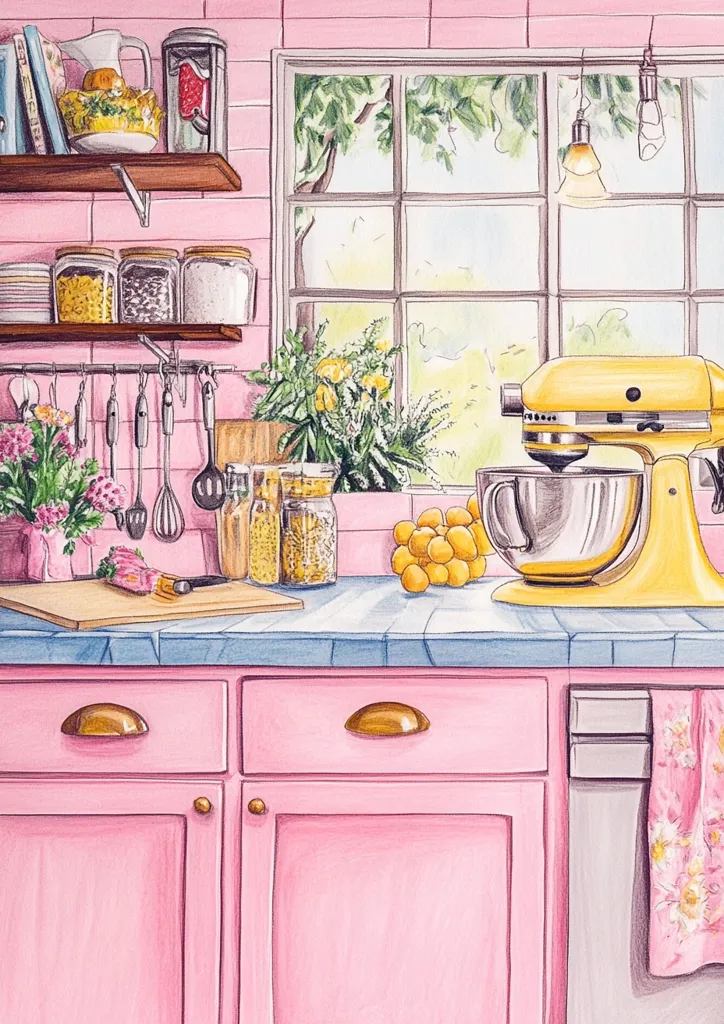 The image shows a kitchen counter with a pink and white color scheme. A yellow stand mixer sits on the counter next to a bowl of lemons. There are several jars of ingredients, a bouquet of flowers, and a window overlooking a tree-lined street. The counter has pink cabinets with gold handles. The scene evokes a sense of homey comfort and baking.