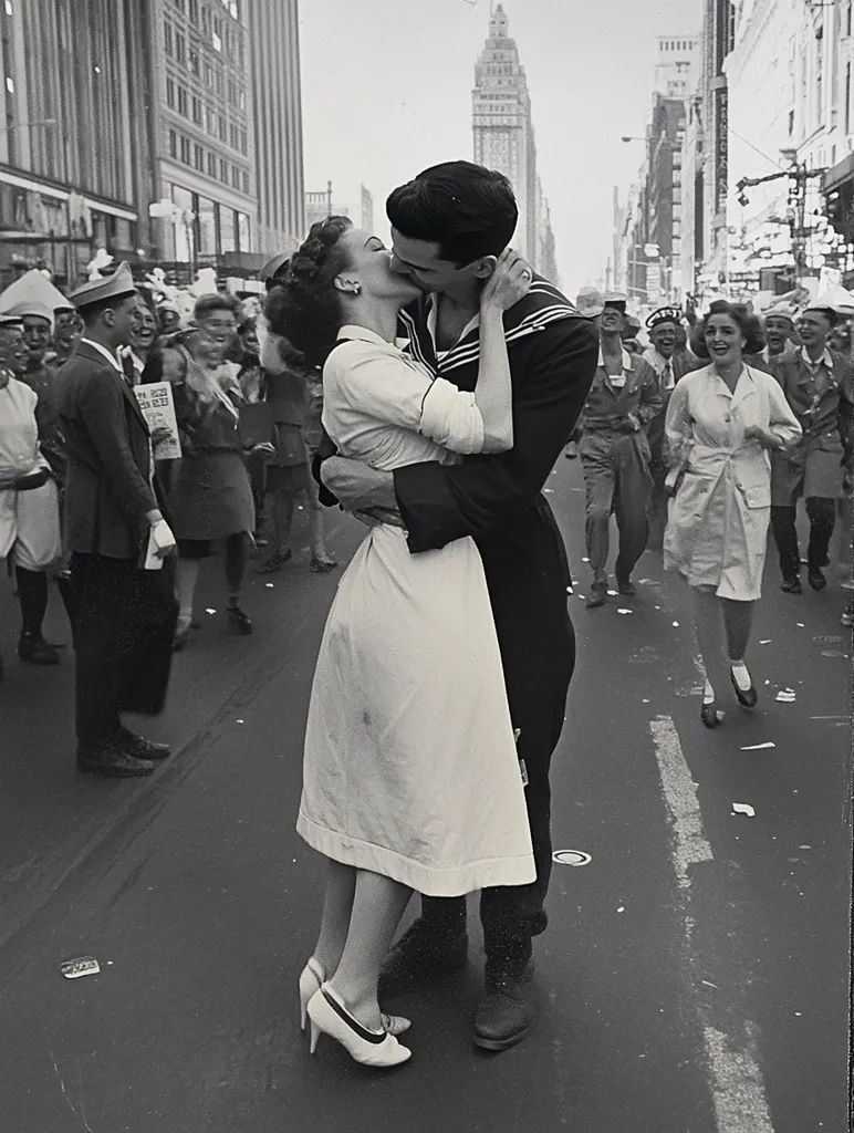 A sailor in uniform is kissing a woman in a white dress on a busy city street. They are surrounded by people celebrating. The sailor is holding the woman tightly, and her eyes are closed as she leans into the kiss. The photo captures a moment of joy and relief in the midst of a large gathering. The scene is framed by tall buildings and a busy street, adding to the sense of a bustling city.