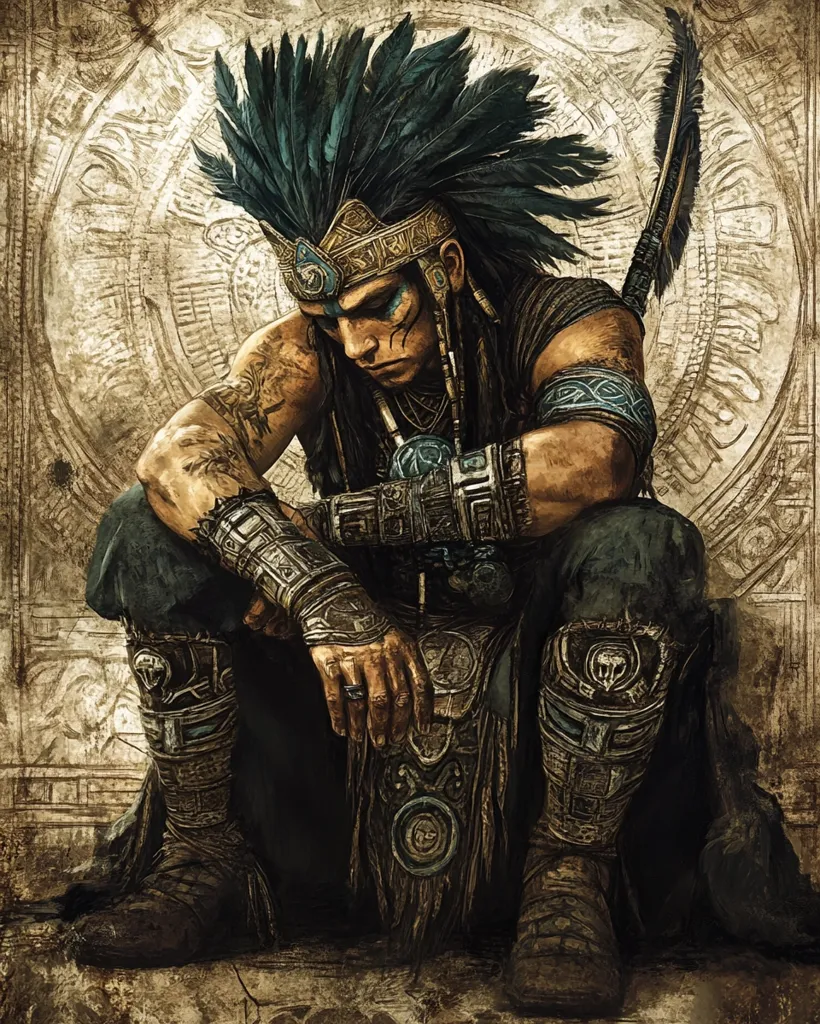 The image depicts a Native American warrior, adorned in intricate feathered headdress, a beaded necklace, and ornate leather arm bands and leg guards. He sits with a somber expression, his gaze cast downwards. The background features a circular design suggestive of ancient Mayan or Aztec motifs, creating a sense of history and cultural significance. The overall tone is one of contemplation and quiet strength.
