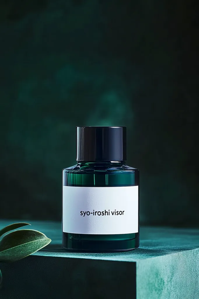 The image shows a bottle of perfume with a black cap and a green body. The bottle sits on a green surface, with a leaf partially visible in the foreground. A white label with the text "syo-iroshi visor" is centered on the front of the bottle. The background is a blurred green. The overall aesthetic is minimalist and elegant.
