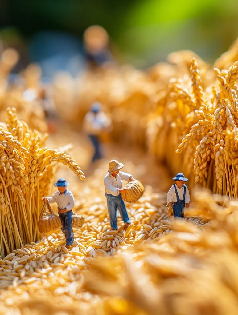 Three tiny figurines, dressed in blue overalls and straw hats, stand amidst a field of golden wheat. The figurines are carrying baskets, suggesting they are farmers harvesting the ripe grain. The scene is miniature, emphasizing the vastness of the field and the hard work of the farmers. The image evokes a sense of rural life and the cycle of harvest.