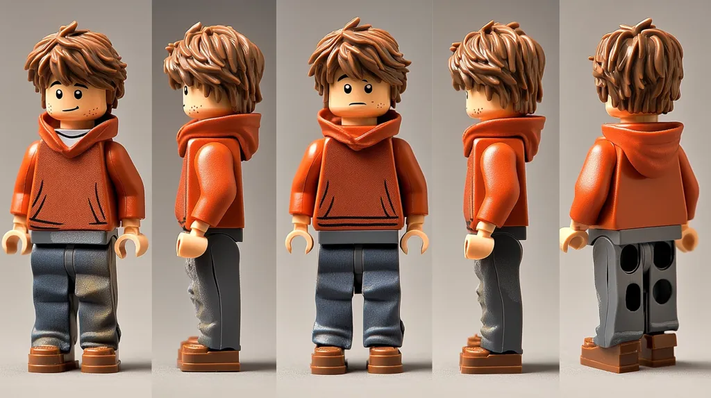 The image shows a Lego minifigure from multiple angles. The figure is wearing a rust-colored hoodie, grey jeans and brown shoes. The figure has brown hair, a light complexion, and a slightly sad expression. The Lego figure is well-made with intricate details on the clothing and facial features.