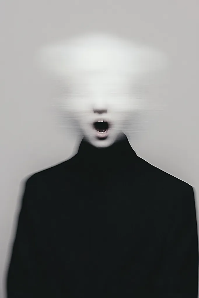 The image shows a person with their face obscured by a blurry white filter. Only their open mouth is visible, suggesting a scream or cry. The person is dressed in a black turtleneck sweater and jacket, blending them with the dark background. The composition and the person's expression create a sense of mystery and unease.
