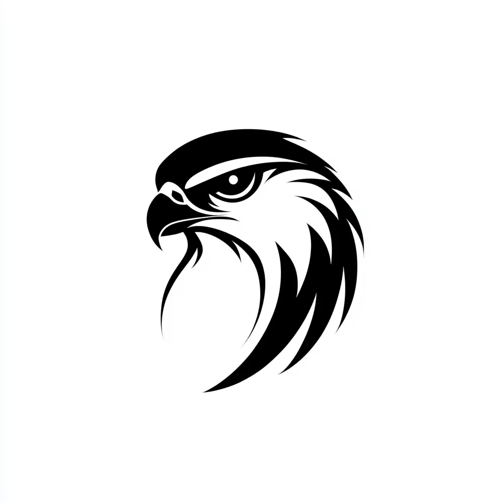 The image is a black and white illustration of an eagle's head. The eagle is facing to the left and has a fierce expression. The image is done in a stylized manner, with the feathers of the eagle's head being depicted as a series of sharp, angular lines. The eagle's eye is large and intense, giving it a powerful and imposing look. The illustration is simple and bold, making it a strong and memorable design.