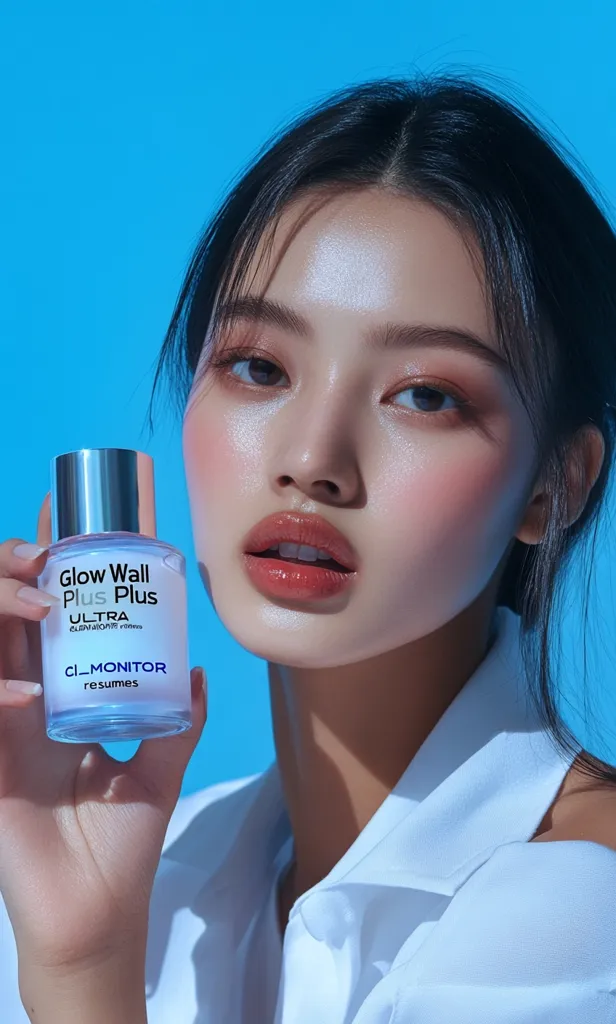 A woman with long black hair and flawless skin is holding a bottle of "Glow Wall Plus Plus Ultra" skincare product.  She is wearing a white collared shirt and her skin has a dewy, healthy glow. The background is a bright blue, creating a vibrant and youthful image.  She is looking at the camera with a soft, natural expression.