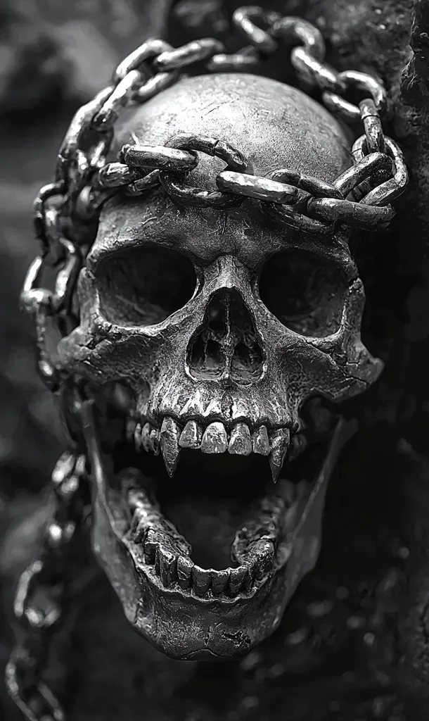 A close-up of a human skull with a chain wrapped around its head. The skull is facing forward with its mouth open, revealing sharp teeth. The image is in black and white, giving it a dark and ominous feel. The skull's hollow eyes and sharp teeth create a sense of foreboding. The chain adds to the image's macabre atmosphere, suggesting imprisonment or constraint.  The image is a stark reminder of mortality and the inevitability of death.