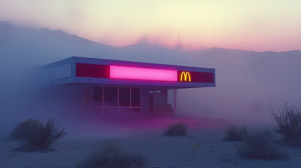 A lone McDonald's restaurant stands in a desolate, foggy desert landscape. The building is illuminated by a bright pink neon sign, while the golden arches are lit up in a stark contrast. The sky is a soft gradient of pink and blue, and the surrounding mountains are shrouded in mist. The image evokes a sense of isolation and mystery, suggesting a deserted outpost in the middle of nowhere.