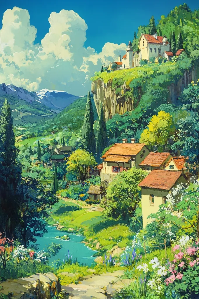 The image depicts a picturesque countryside scene with a quaint village nestled among lush greenery and a winding river. The village is built on the side of a steep cliff, with a charming castle perched atop the ridge. The sky is bright blue with fluffy white clouds, and the surrounding hills are covered in vibrant green foliage. A small stream flows through the valley, adding to the idyllic charm of the scene. The overall impression is one of tranquility and serenity, capturing the beauty of nature and simple living.