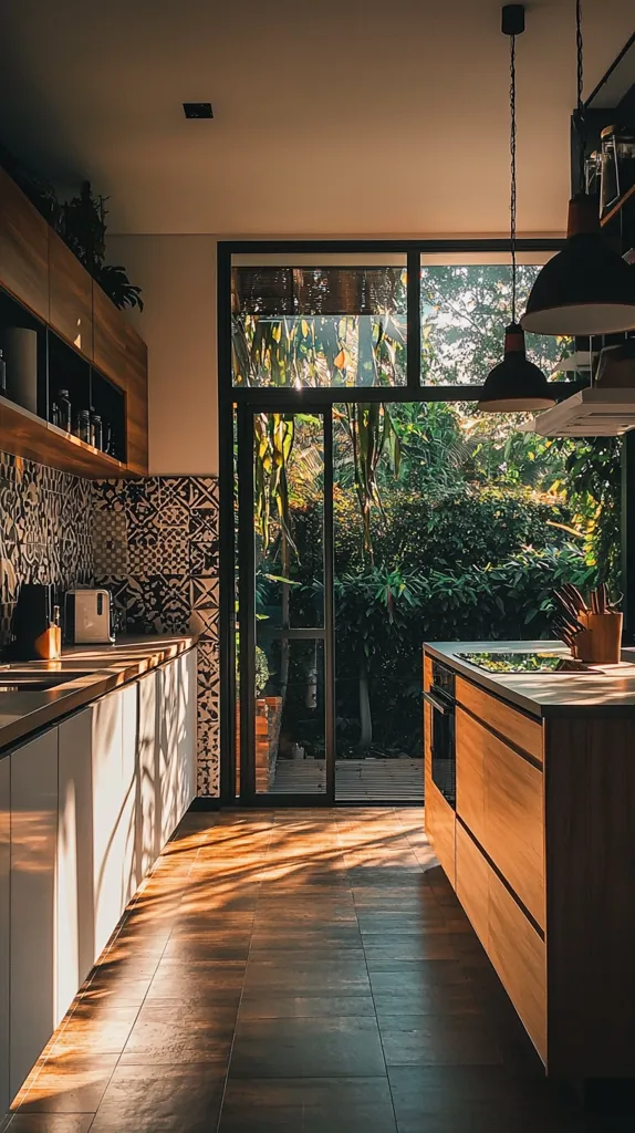 A modern kitchen with wooden cabinets and a large window overlooking a lush green garden. Sunlight streams through the window, casting warm shadows on the tiled floor. The kitchen features a white countertop, stainless steel appliances, and a black tiled backsplash. Two black pendant lights hang from the ceiling, adding a touch of industrial style. The overall atmosphere is bright, airy, and inviting.