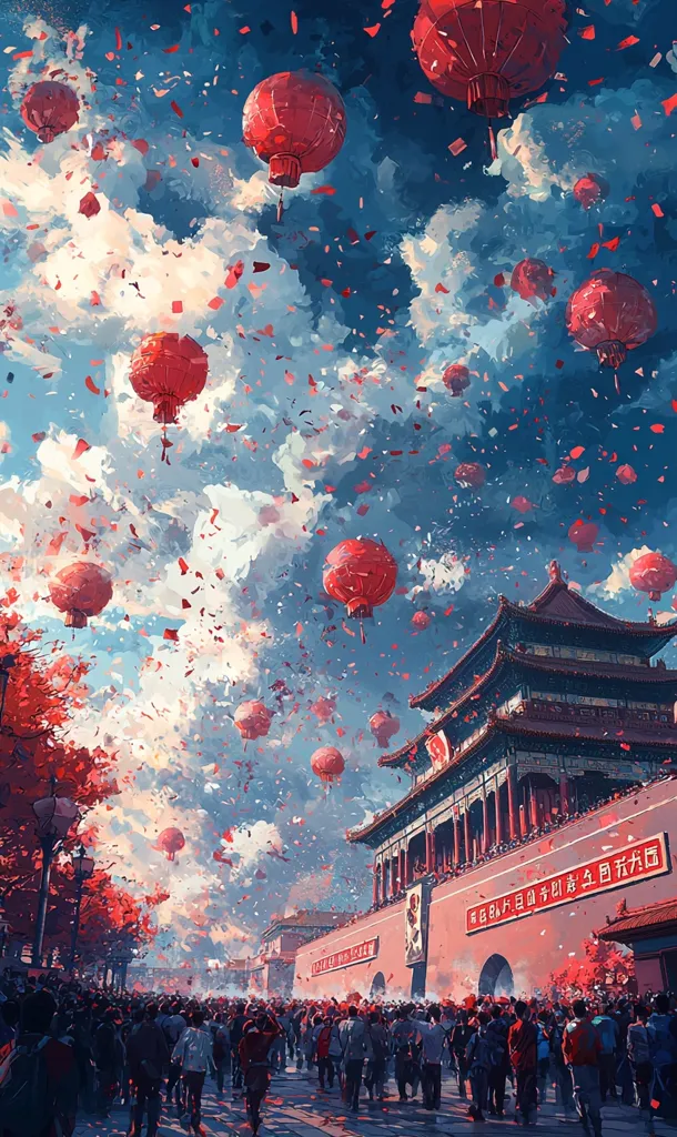 The image depicts a vibrant scene of celebration in front of a grand, red-walled building. The sky is filled with floating red lanterns, creating a magical atmosphere. A large crowd gathers in the foreground, their faces obscured by the joy of the occasion. Confetti rains down, adding to the festive ambiance. The scene evokes a sense of cultural pride and community spirit.
