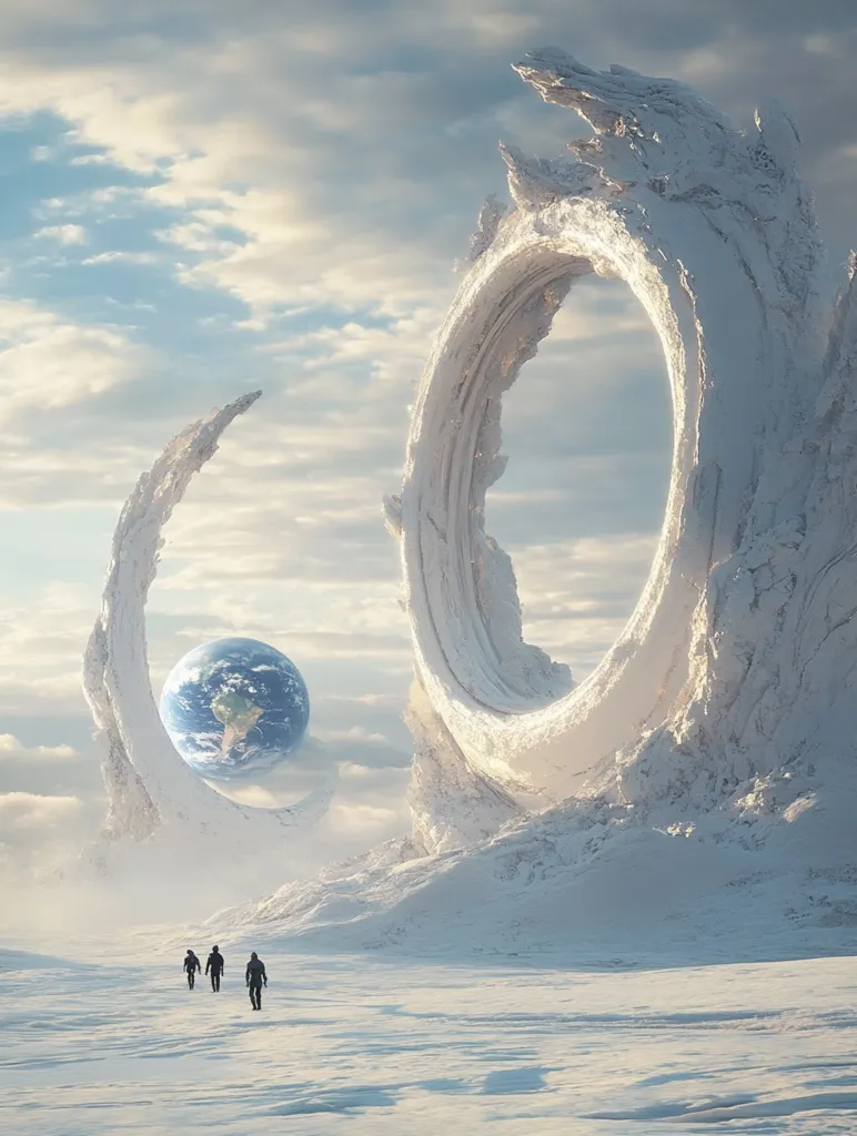 The image depicts a surreal landscape with two large, white, twisted rock formations. One is a circular archway, while the other is a crescent-shaped structure. A small, blue globe floats in the sky above the crescent. Three figures walk in the distance on a vast, snow-covered plain. The sky is a light blue with wispy white clouds. The image evokes a sense of mystery and wonder.