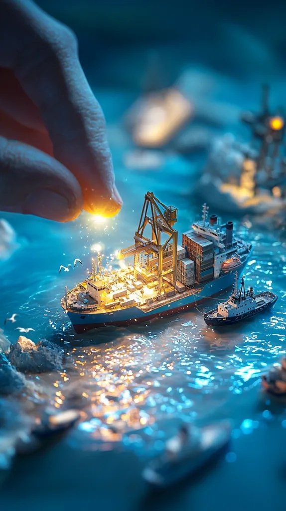 A miniature cargo ship with a working crane sits on a table, illuminated by a light source in the foreground. The ship is docked next to a smaller tugboat in the calm blue water. The scene is captured from a low angle, creating a sense of scale and highlighting the intricate details of the miniature model.  The shallow depth of field blurs the surrounding area, enhancing the focus on the ship.