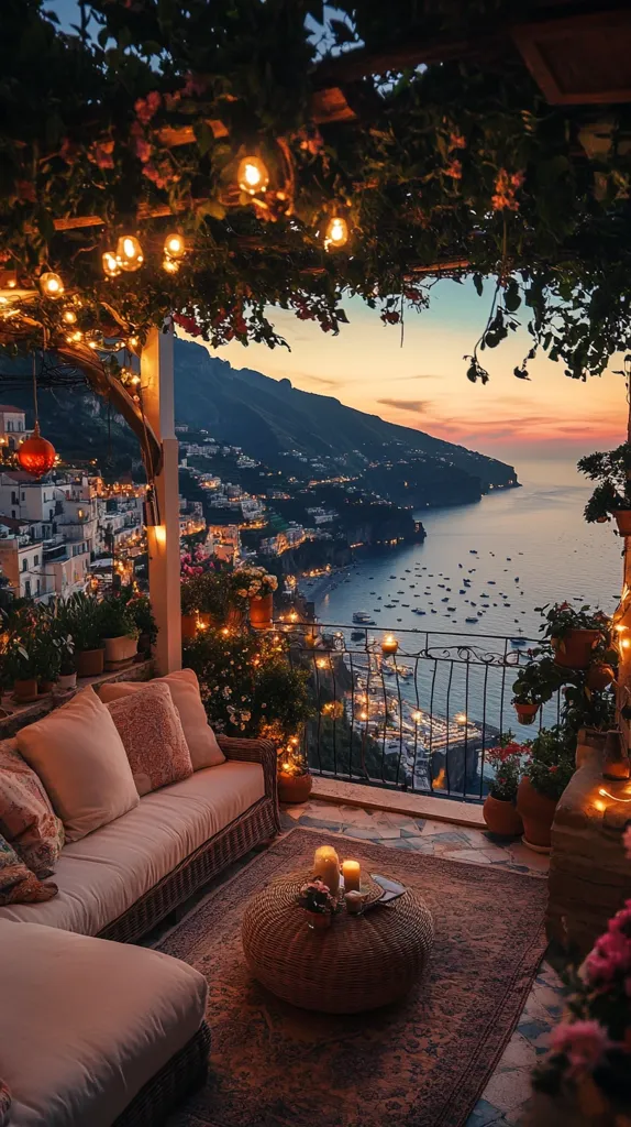 The image captures a cozy outdoor patio with a stunning view.  A white couch sits on a patterned rug, illuminated by warm candlelight. The patio is adorned with lush greenery and twinkling lights strung from the overhead trellis.  Beyond the balcony railing, a picturesque coastal town sprawls down a hillside, culminating in a shimmering blue sea. The sky above is a soft blend of orange and purple hues, casting a romantic glow over the scene.