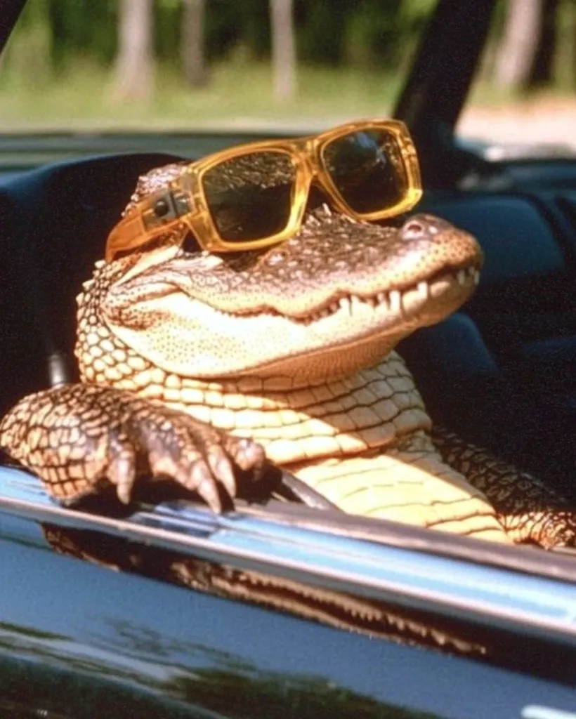 An alligator wearing large yellow sunglasses is sitting in the driver's seat of a car. The alligator is looking towards the camera, with its mouth slightly open, revealing its sharp teeth. The alligator's scales are visible, and its body is slightly tilted to the side.  The car is black and the background is out of focus, making the alligator the main subject. The image is humorous and whimsical, suggesting a playful and unusual scenario.