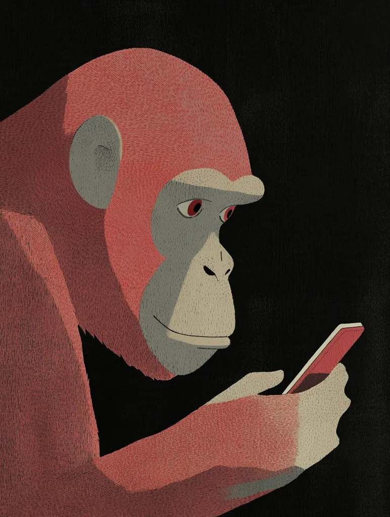 The illustration shows a pink-furred monkey, partially visible against a dark background, looking down intently at a smartphone in its hands. The monkey's fur is detailed with fine lines, and its facial features are rendered with a simple, expressive style. The image suggests a playful commentary on modern technology and its influence on even the most unexpected subjects.