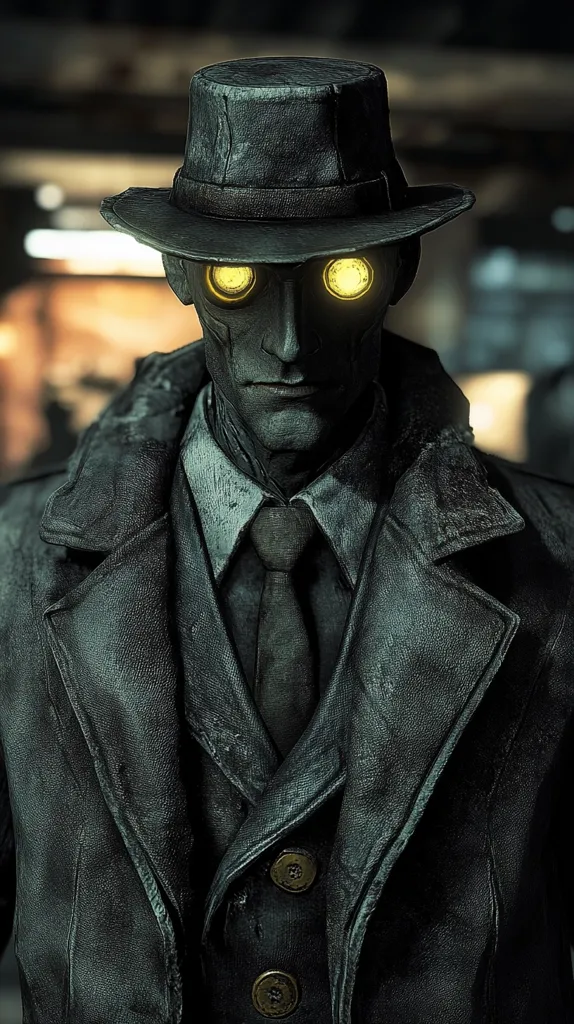 A man in a dark leather coat and a fedora stares intently at the viewer.  His eyes glow with a soft yellow light. The man's expression is serious and stoic, and his overall appearance suggests a sense of mystery and intrigue. The image is dimly lit, creating an atmosphere of shadows and suspense.