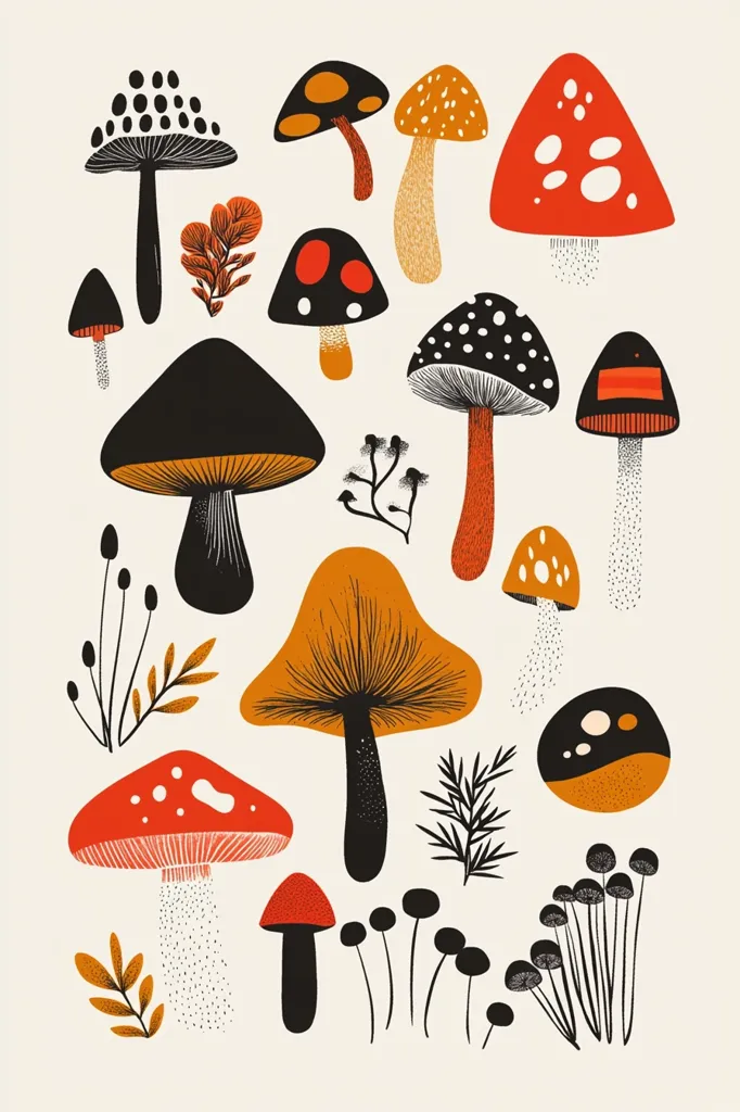 The image features a whimsical collection of mushrooms in various shapes, sizes, and colors. The mushrooms are depicted in a stylized, cartoonish manner, with bold outlines and vibrant hues of red, orange, yellow, black, and white. Some mushrooms have spots, stripes, or other decorative elements.  Scattered around the mushrooms are small leaves and twigs, creating a sense of a woodland setting. The image has a playful and cheerful feel, and it evokes a sense of autumn or fall.