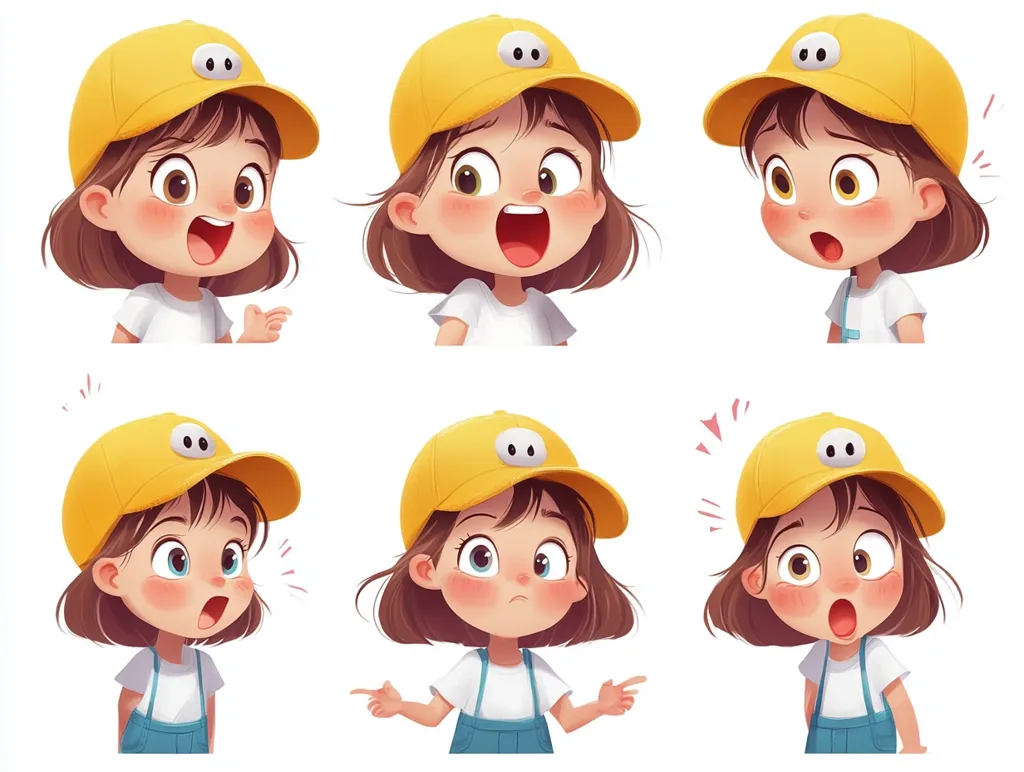 The image features six illustrations of a young girl with brown hair and bright eyes. She is wearing a yellow cap with a cartoon face on it and different outfits in each illustration. The girl is depicted with a variety of expressions, including surprised, excited, shocked, and curious. The illustrations are drawn in a cartoon style and have a playful and cheerful vibe. The background is white, which emphasizes the colorful characters.
