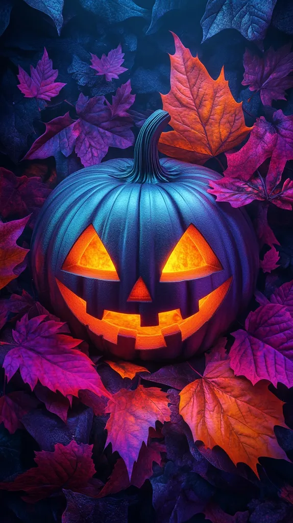 A glowing jack-o'-lantern with a carved grin sits amidst a bed of vibrantly colored autumn leaves. The leaves are shades of purple, red, and orange, creating a rich and textured background for the pumpkin. The warm glow of the candle inside the pumpkin illuminates its features, creating a festive and spooky atmosphere.  The image captures the spirit of Halloween with its vibrant colors and whimsical imagery.