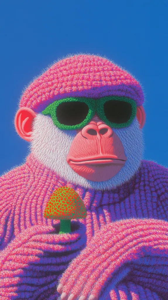 A monkey wearing a pink knitted hat and sweater with green sunglasses is holding a red and green mushroom. The background is a bright blue sky. The monkey has a serious expression on its face. The image is a playful and surreal depiction of a monkey in a human-like situation.
