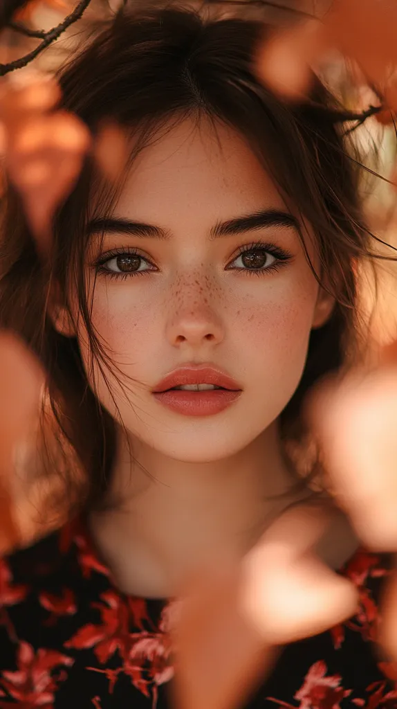 A young woman with long brown hair, framed by blurred foliage, looks directly at the camera. Her features are soft and delicate, with full lips, a slightly upturned nose, and large brown eyes. Her skin is fair and freckled, and she is wearing a red floral dress. The overall tone of the image is warm and inviting.
