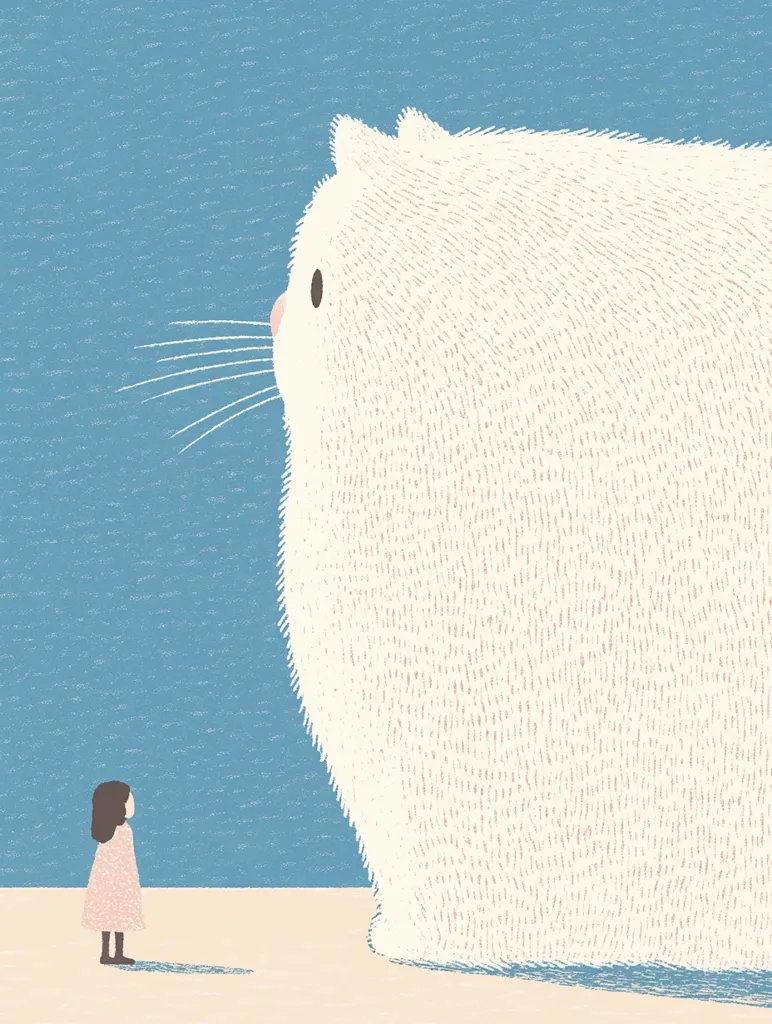 The image depicts a small girl in a pink dress standing in front of a giant, fluffy white cat. The cat is facing away from the girl, its large, round eye visible. The background is a simple blue, creating a whimsical and dreamlike atmosphere. The girl appears small and insignificant in comparison to the massive cat, emphasizing its size and the girl's awe. The image evokes a sense of wonder and innocence, possibly hinting at a story of friendship or a child's imagination.