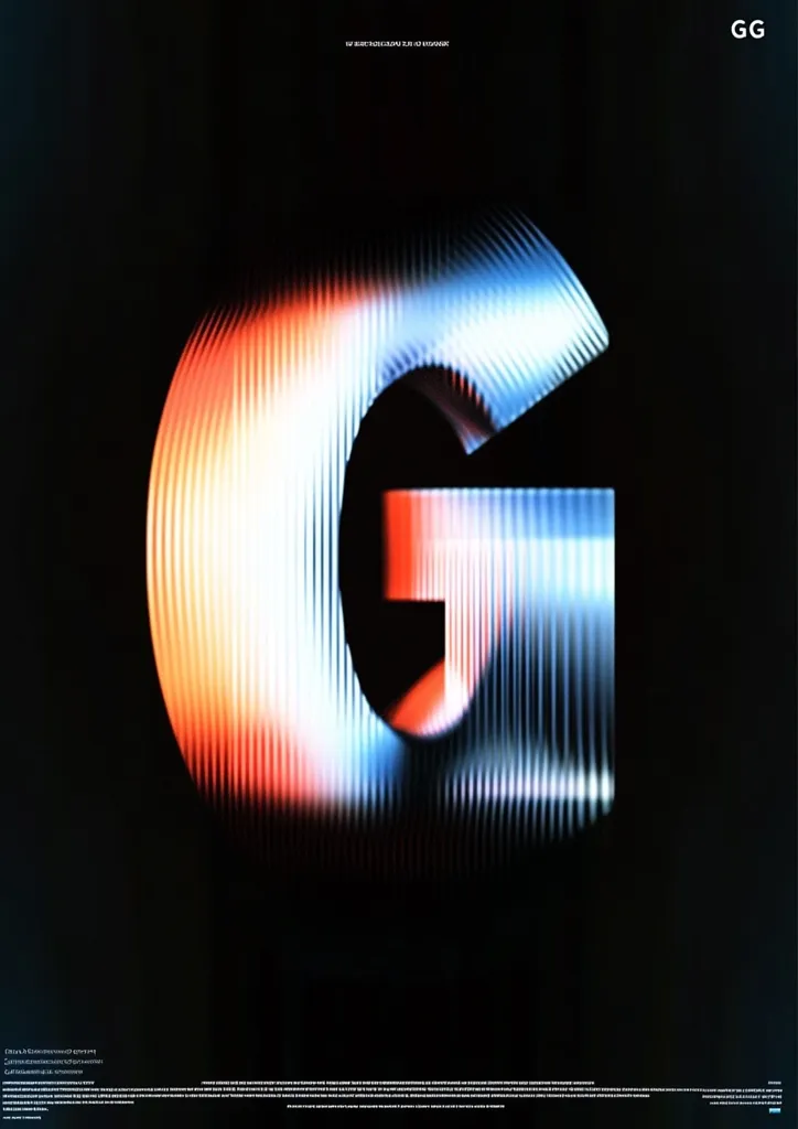 The image is a graphic design poster featuring the letter "G" in a bold, futuristic style. The letter is rendered in a gradient of red and blue, with the lines forming a dynamic and distorted pattern. The letter is isolated against a black background, making it stand out dramatically. The visual style is reminiscent of 1980s sci-fi aesthetic, with an emphasis on geometric shapes and bold colors. The overall effect is one of energy and dynamism.